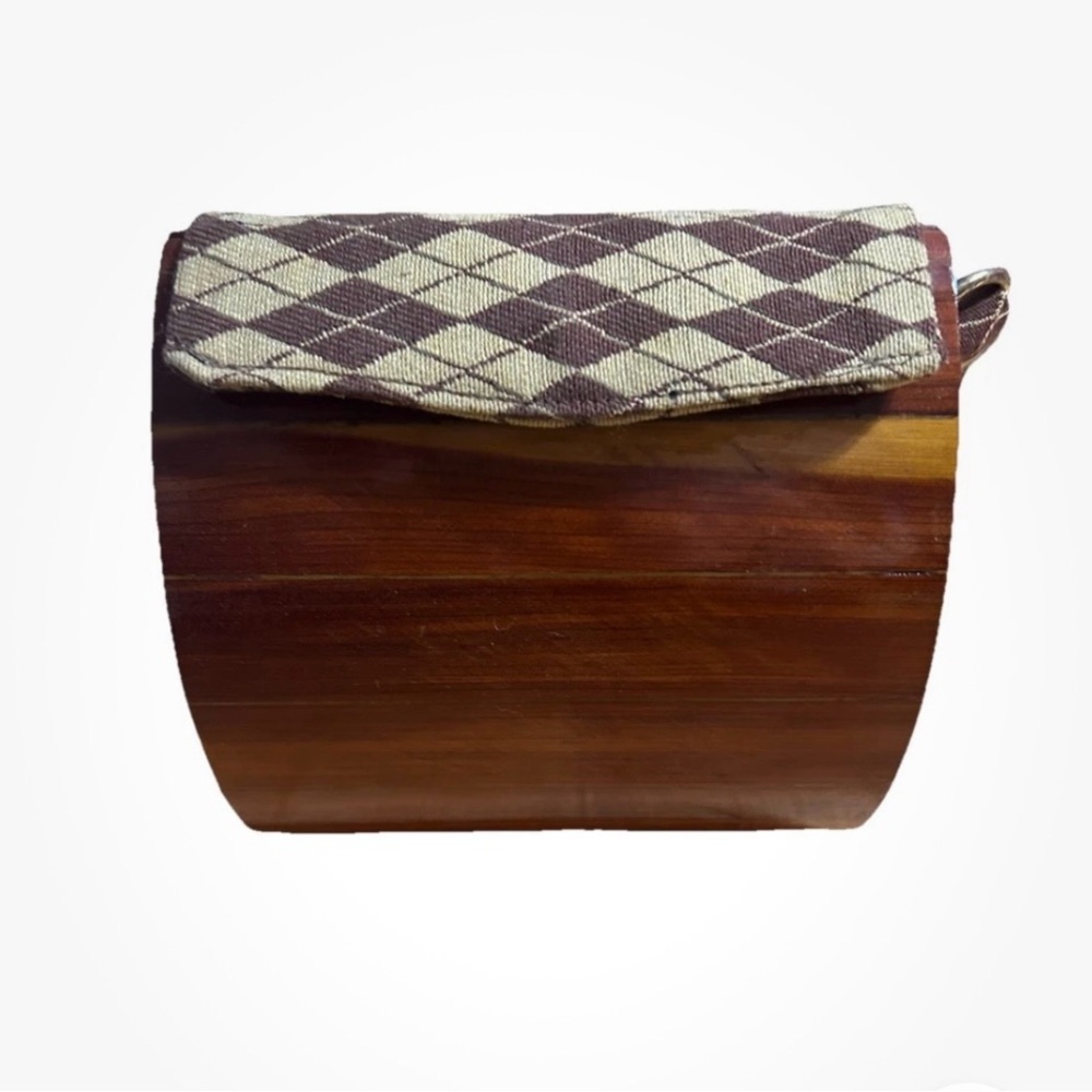 Vintage wood purse custom handmade argyle patterned liner and handle
